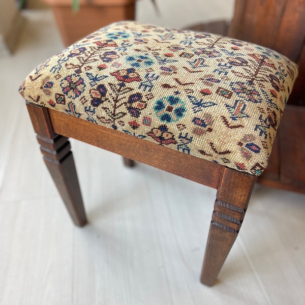 Vintage carpet Ottoman stool,  foot rest, Beech wood stool,  Vintage furniture, Ottoman chair, vinatage carpet chair