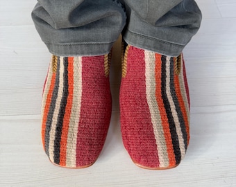 Handmade Kilim Loafers Men's Shoes, Vintage Leather Slip-Ons, EU 42 / US 9