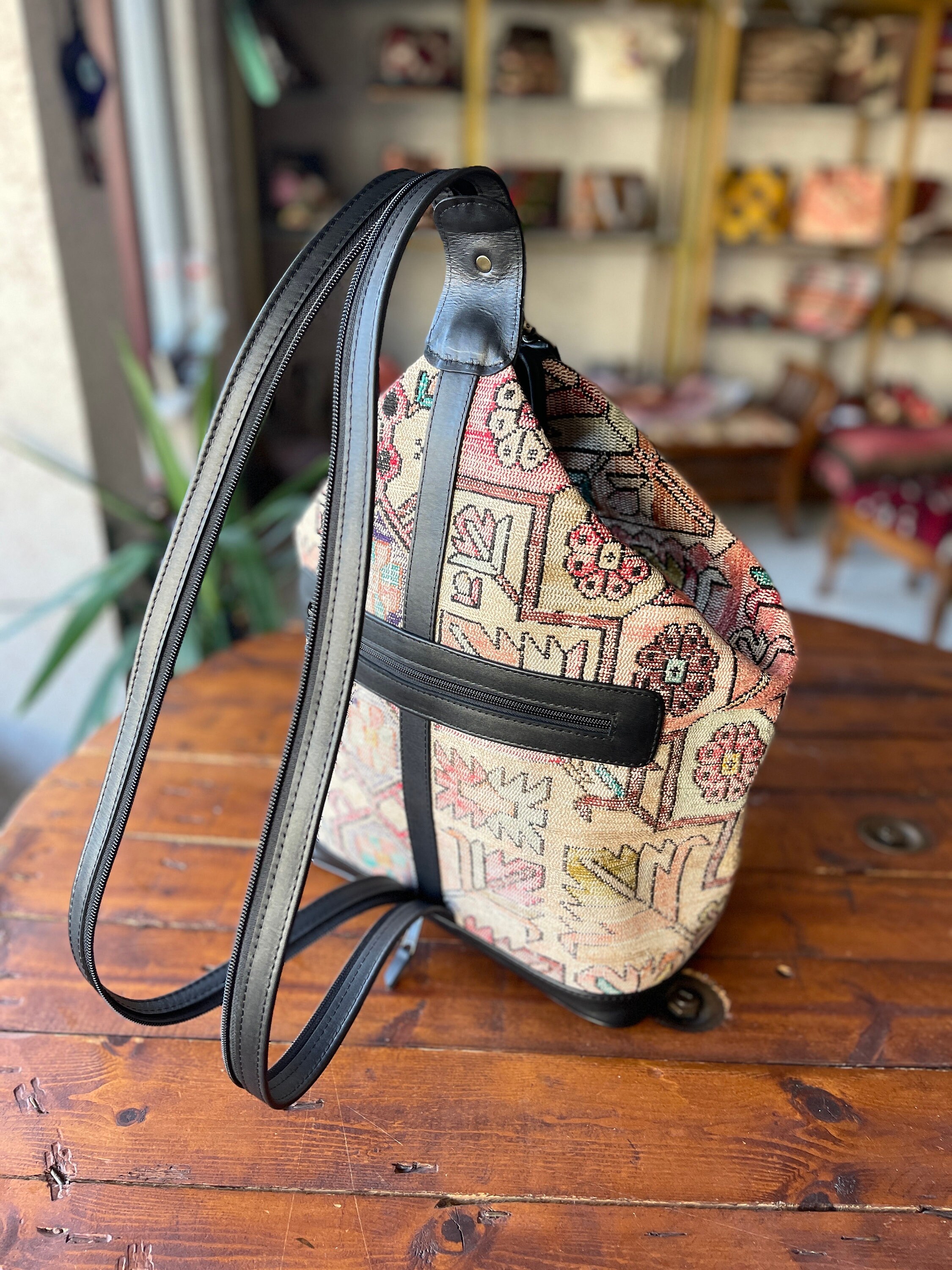 Large Vintage Kilim Backpack, Genuine Leather Accents, Large 