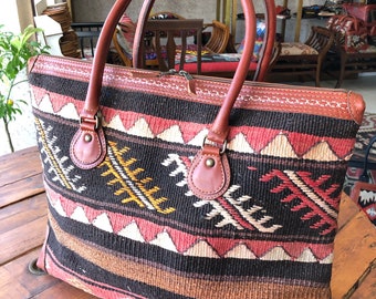 Kilim travel bag,  kilim bag, kilim duffle bag, old Kilim and Genuine Leather, overnight bag, Rug bag