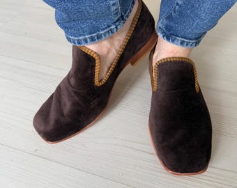 Handmade Velvet Loafers Mens Shoes – Brown Leather Sole, Slip-on Style
