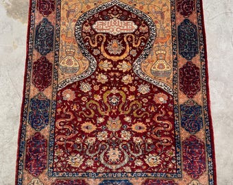 Vintage Signed Hereke Silk Rug – Topkapi Palace Design, Turkish Carpet (120x96cm)