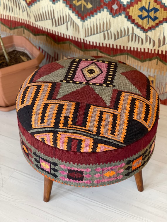 Kilim Ottoman Stool kilim Ottoman kilim Trunk beech Wood Stool vintage Furniture ottoman Chair kilim Round Stool kilim Ottoman Etsy