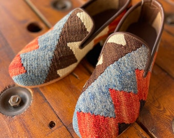 Mocassins Kilim masculinos feitos à mão, sapatos de tecido vintage, tamanho 40/EUA 7