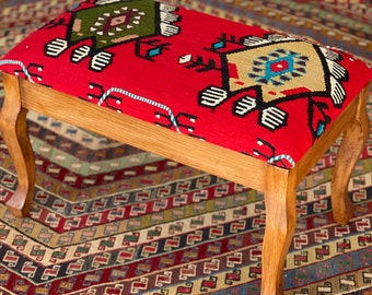 kilim Ottoman stool / Kilim foot rest / Beech wood stool /Vintage furniture / Ottoman chair /Kilim chair