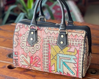 Kilim boston bag, Vintage Kilim and Genuine Leather, Kilim bags, Kilim handbags, Leather bag, Boho bags