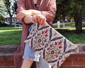 Gobelin Tapestry clutch bag with zippered, Gobelin clutch bag, Gobelin woven bag, Turkish traditional tiles Pattern, Gift for her