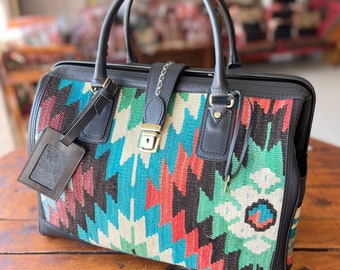 Kilim travel bag,  kilim doctor bag, kilim duffle bag, old Kilim and Genuine Leather, overnight bag, Rug bag, Kilim bag