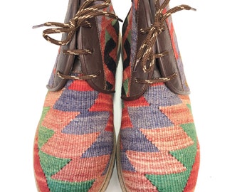 Kilim boots, Size 44, kilim shoes,Vintage Kilim, Leather,Kilim lace up shoes, Kilim Unisex,leather boots