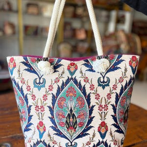 Gobelin Tapestry bag with zippered, Gobelin tote bag, Gobelin woven tote bag, Turkish traditional tiles Pattern, Gift for her