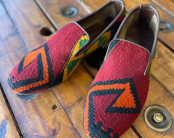 Mocassins Kilim masculinos feitos à mão, estilo vintage em tecido, tamanho 15 EUA