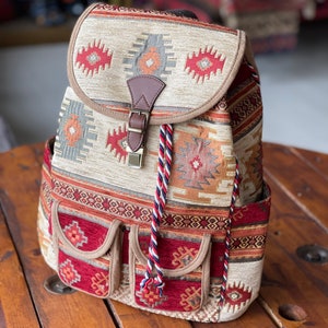 Textile backpack, Backpack, Turkish bag, Chenille bag, Kilim Pattern bag, Knapsack, Drawstring Backpack, Unisex backpack, Christmas gift