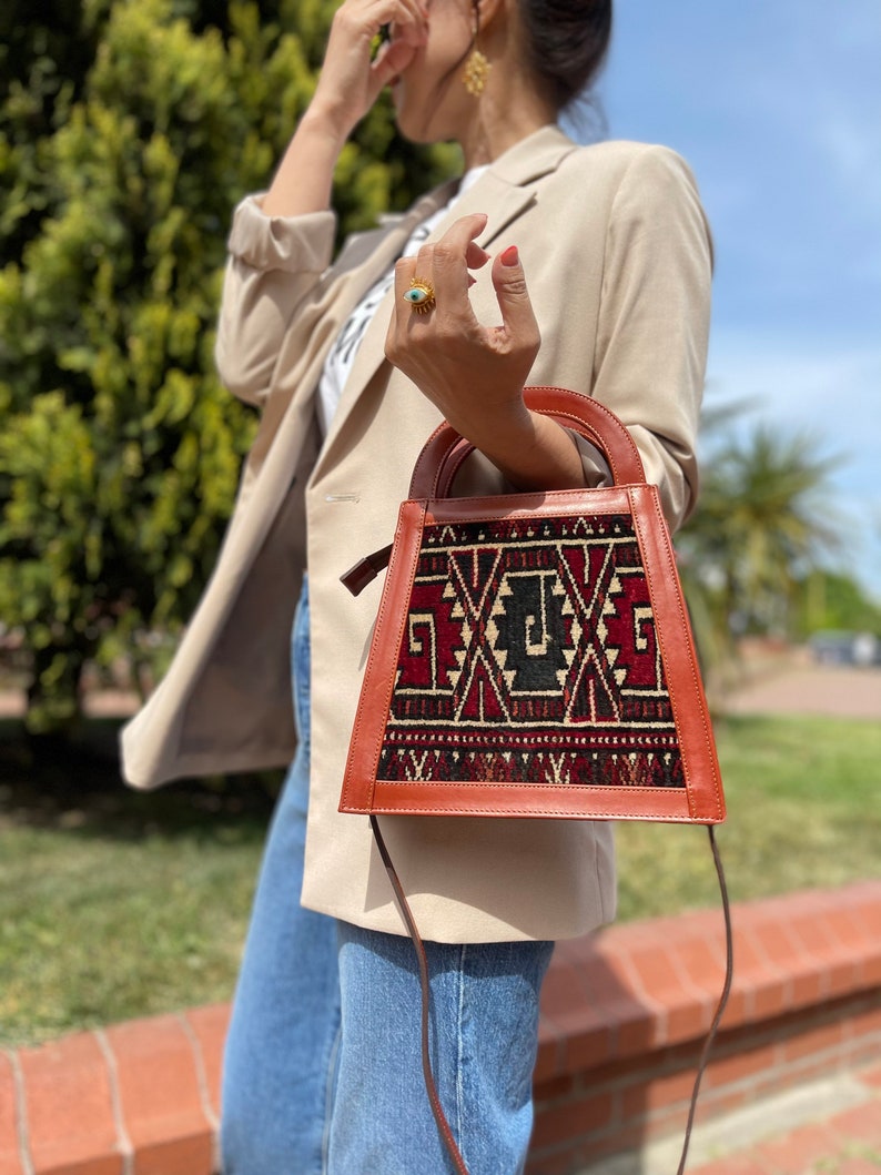 Vintage rug hand bag, Vintage rug and Genuine Leather, vintage rug bags, Vintage rug handbags, Leather bag, Boho bag, Cross body bag image 1