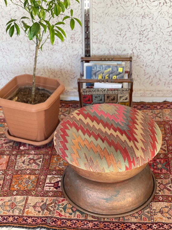 Kilim With Antique Copper Ottoman Stool ottoman Stool beech Wood