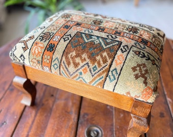 Vintage Rug Ottoman Stool, Beech Wood Foot Rest
