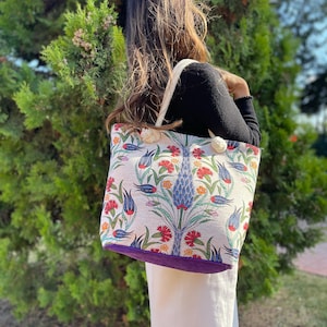 Gobelin Tapestry bag with zippered, Gobelin tote bag, Gobelin woven tote bag, Turkish traditional tiles Pattern, Gift for her
