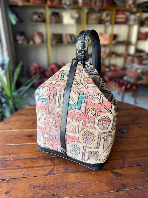 Large Vintage Kilim Backpack, Genuine Leather Accents, Large  display picture 3