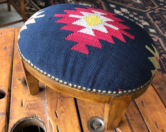 kilim Ottoman stool /Kilim foot rest /Beech wood stool /Vintage furniture /Ottoman chair /Kilim oval stool/Kilim ottoman