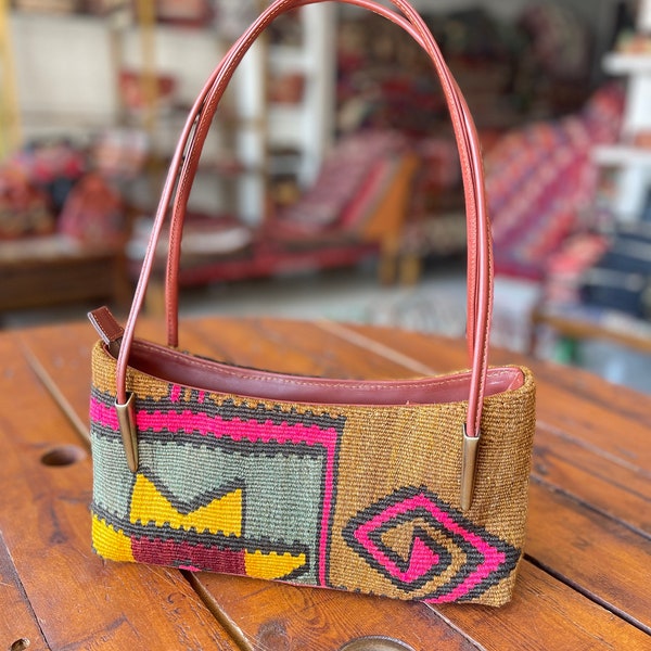 Kilim bag,  kilim shoulder bag, Vintage Kilim and Genuine Leather, leather bag, hand crafted bag, gift for her