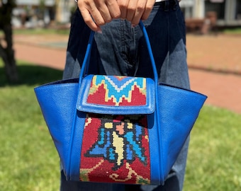 Handmade Turkish Kilim Bag, Cobalt Blue Leather Tote, Vintage Kilim Shoulder Bag, Boho Artisan Handbag, Unique Statement Purse