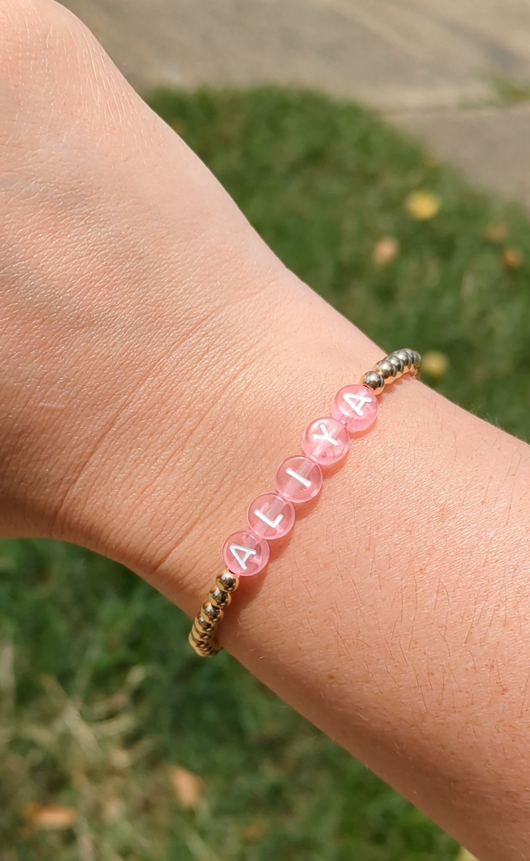 14k Gold Filled Bead Bracelet With Translucent Pink Lettering. Etsy