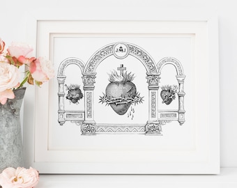 Ornate Three Hearts Holy Family Printable Wall Art - Traditional Catholic Home Decor - Jesus Mary Joseph Devotion - JMJ - Digital Download