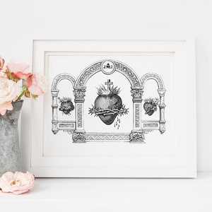 Arte della parete stampabile della Sacra Famiglia di tre cuori ornati - Arredamento tradizionale cattolico per la casa - Devozione di Gesù Maria Giuseppe - JMJ - Download digitale