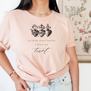 Three Hearts Catholic Women's T-Shirt - JMJ - Jesus Mary Joseph - Holy Family Tee - Catholic Mother's Day Gift - Catholic Women's Apparel