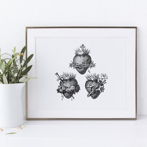 Verzierte Heilige Familie Drei Herzen druckbare Wandkunst - katholisches Bauernhaus Home Decor - Jesus Mary Joseph JMJ katholisches Geschenk - digitaler Download