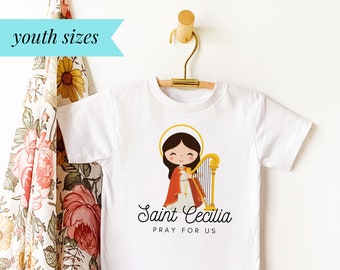 Saint Cecilia Pray for Us - Youth/Big Kids Short Sleeve Tee (S-XL) - Catholic Kid's T-Shirt - Patron Saint for Girls - St. Cecilia Kids Gift