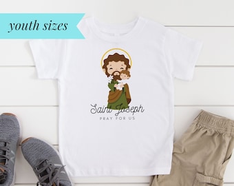 Saint Joseph Pray for Us - Youth/Big Kids Short Sleeve Tee (S-XL) - Catholic Kid's T-Shirt - Patron Saint for Boys - St. Joseph Holy Family