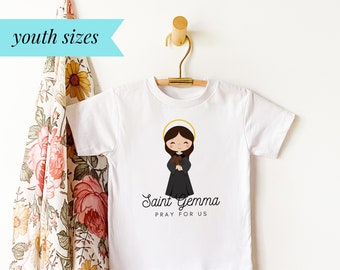 Saint Gemma Pray for Us - Youth/Big Kids Short Sleeve Tee (S-XL) - Catholic Kid's T-Shirt - Patron Saint for Girls - St. Gemma Galgani