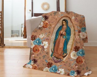 Our Lady of Guadalupe Floral Women's Throw Blanket - Catholic Farmhouse Bedroom Catholic Home - Ave Maria Virgin Mary Catholic Women's Gift