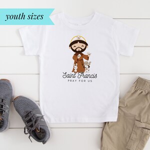 Saint Francis Pray for Us - Youth/Big Kids Short Sleeve Tee (S-XL) - Catholic Kid&#39;s T-Shirt - Patron Saint for Boys - St. Francis of Assisi