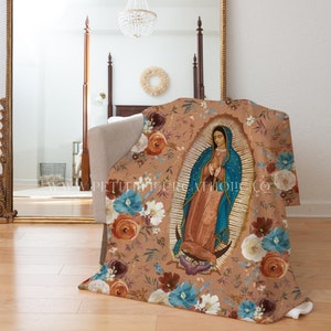 Our Lady of Guadalupe Floral Women's Throw Blanket - Catholic Farmhouse Bedroom Catholic Home - Ave Maria Virgin Mary Catholic Women's Gift