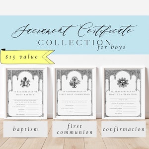 Colección de certificados imprimibles de sacramentos católicos para niños - Bautismo/Primera Comunión/Confirmación - Tres descargas digitales 8x10