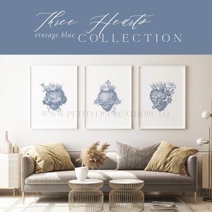 Vintage Blue Three Hearts Printable Wall Art Collection - Catholic Home JMJ Jesus Mary Joseph - Three Large Digital Downloads (Up to 16x20)