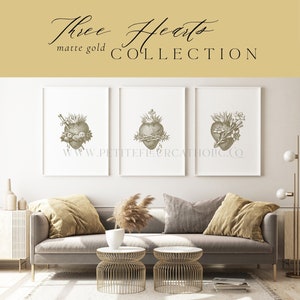 Gold Three Hearts Printable Wall Art Collection - Catholic Home Decor - JMJ Jesus Mary Joseph - Three Large Digital Downloads (Up to 16x20)