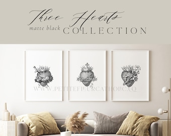 Black Three Hearts Printable Wall Art Collection - Catholic Home Decor - JMJ Jesus Mary Joseph - Three Large Digital Downloads (Up to 16x20)