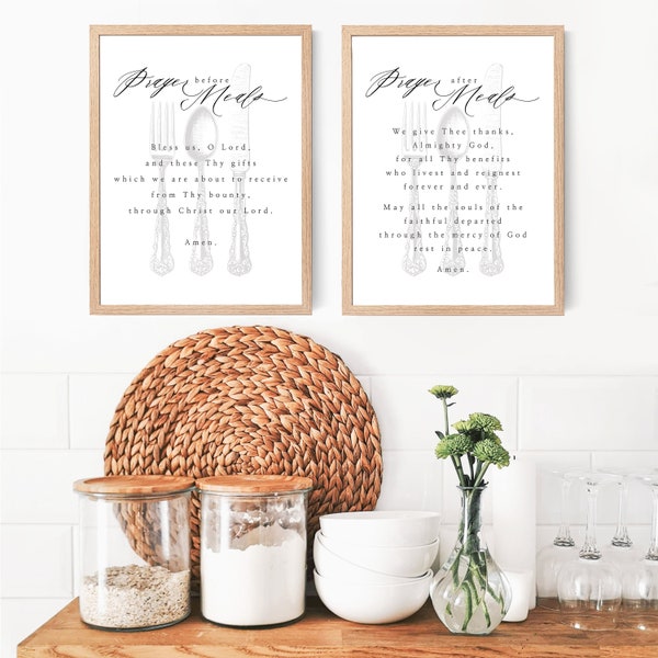 Catholic Mealtime Prayers Printable Wall Art - Catholic Farmhouse Home Decor - Prayer Before Meals/Prayer After Meals - 2 Digital Downloads