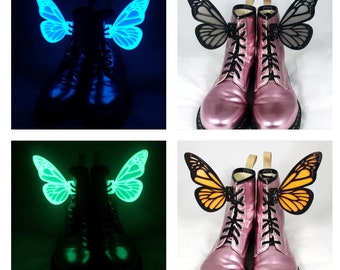 Custom 3D Butterfly Wings For Shoes Boots Roller Skates Costume Accessory Dress Up - Lace Up Adults Kids Footwear Monarch - Glow in the Dark