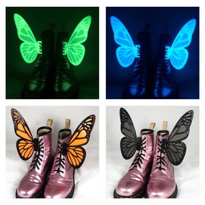 3D LARGE 8" Butterfly Wings For Shoes Boots Roller Skates Costume Accessory Dress Up Lace Up Adults Kids Footwear Monarch - Glow in the Dark