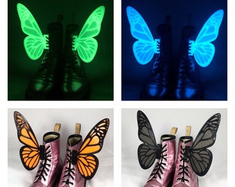 3D LARGE 8" Butterfly Wings For Shoes Boots Roller Skates Costume Accessory Dress Up Lace Up Adults Kids Footwear Monarch - Glow in the Dark