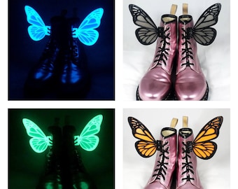Custom 3D Butterfly Wings For Shoes Boots Roller Skates Costume Accessory Dress Up - Lace Up Adults Kids Footwear Monarch - Glow in the Dark