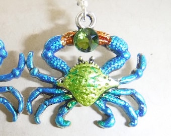 Hand-painted Bright Blue Crab Earrings with Swarovski Crystals