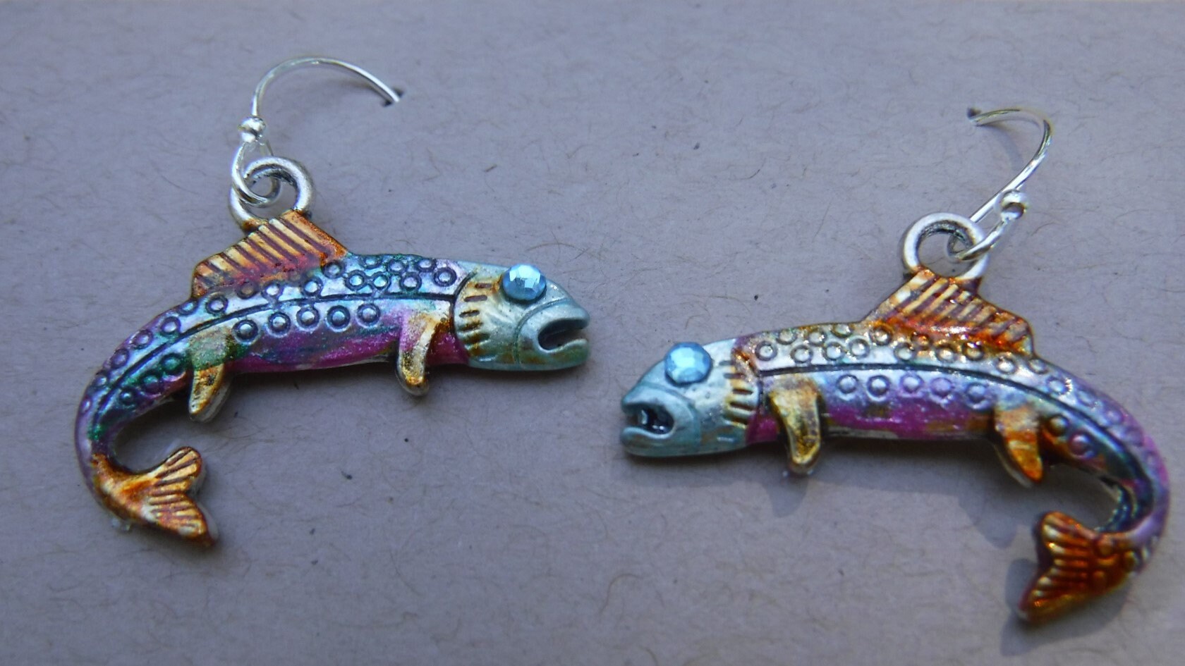 Handpainted Trout Earrings With Swarovski Crystals Etsy