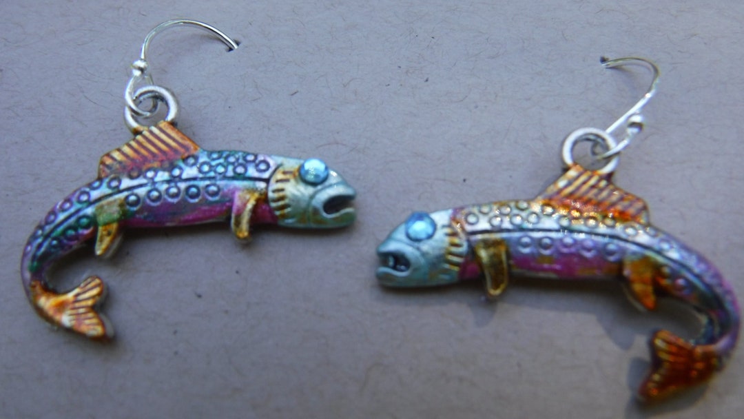 Handpainted Trout Earrings With Swarovski Crystals Etsy