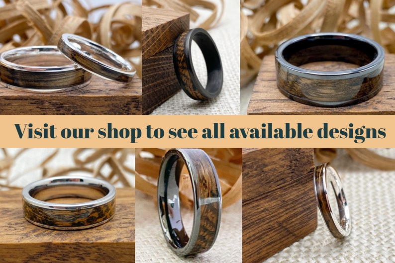 May include: A collage of six different wood and metal rings. The rings are all unique and feature different wood patterns and metal finishes. Visit our shop to see all available designs.