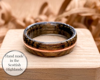 Four Roses Bourbon Ring with Copper Accent, Whiskey Barrel Ring, Wooden Wedding Band