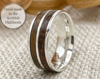 Lagavulin, Buffalo Trace & more, 8mm Sterling Silver, Double oak, Your choice of distillery, Whisky barrel ring,Wood Wedding Ring